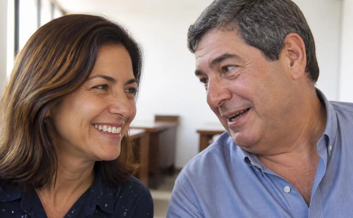 Duas pessoas frente a frente na mesa: uma sustenta a fala, a outra anota o que ouviu