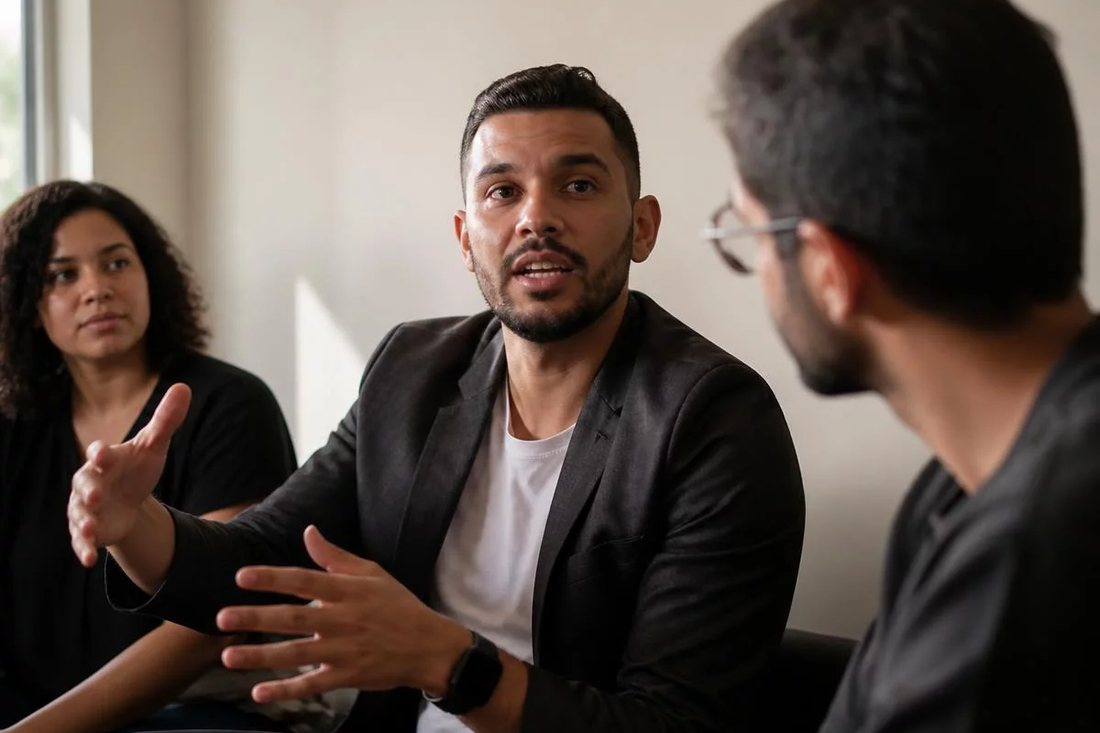 Participante falando em pé enquanto o restante da turma acompanha sentado
