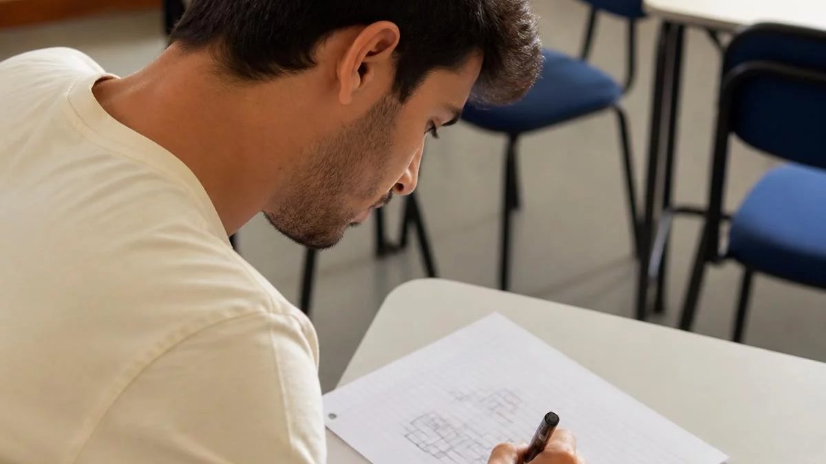 Participantes conferindo apontamentos num tablet apoiado na mesa durante o intervalo