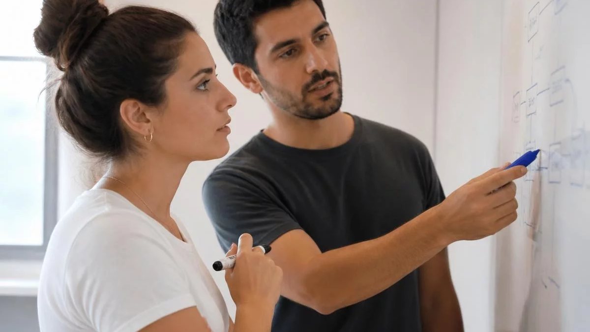 Duas participantes de pé diante do quadro branco, montando um argumento a caneta